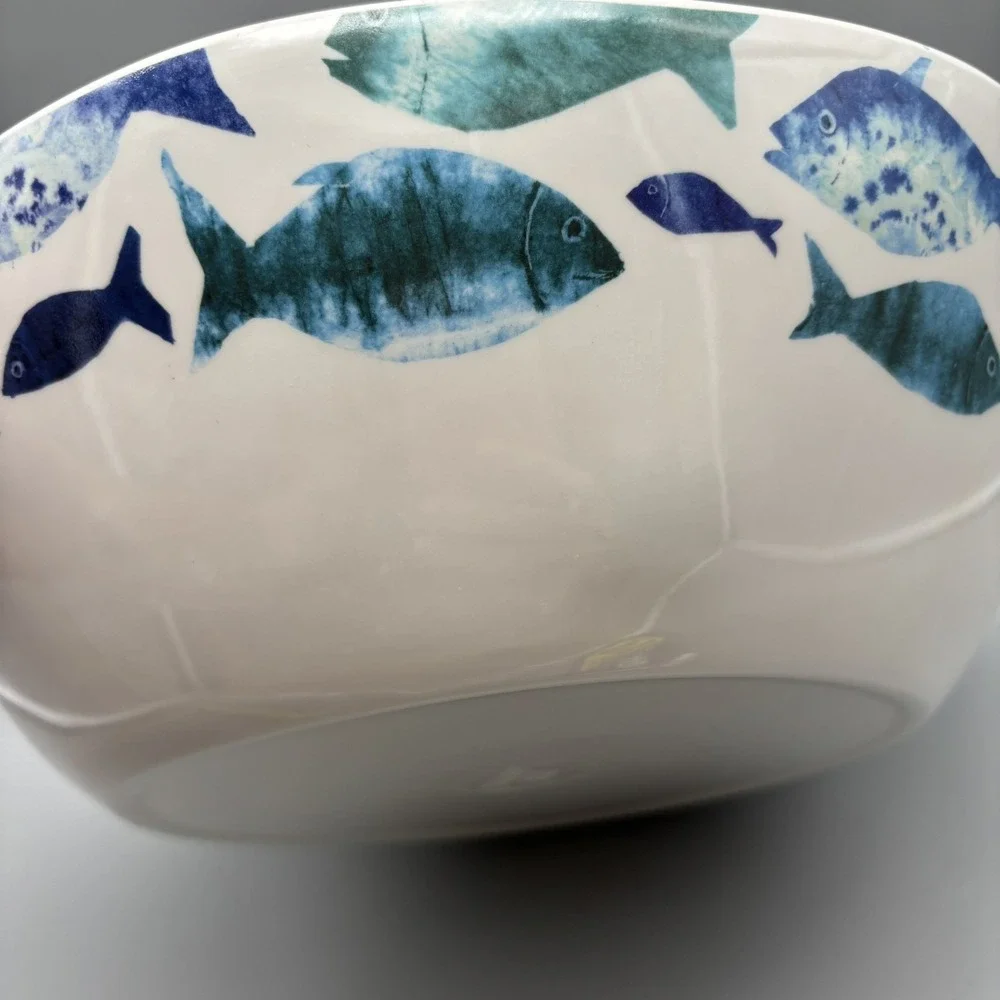SIGRID OLSEN Fish Melamine Pasta Salad Bowl Green Teal Blue‎ 11.75
